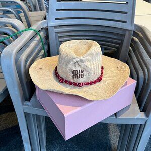 Miu Miu Women nvCity Sun Shield: Tan Straw Hat with Subtle Red Accent